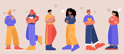 Concept of self love and care with happy people hug themselves. Vector flat illustration of diverse positive men and women with esteem and love to their body and mind