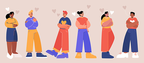 Concept of self love and care with happy people hug themselves. Vector flat illustration of diverse positive men and women with esteem and love to their body and mind