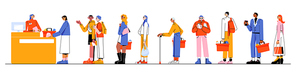 Different people in long queue in supermarket. Vector flat illustration of multiracial group, men and women, elder person with cane and students with baskets stand in line to checkout with cashier