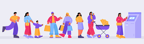 People queue at atm. Clients at bank terminal, banking services concept. Characters stand in line waiting turn to make money transaction in automated teller machine. Linear flat vector illustration