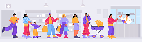 People standing in queue in pharmacy. Vector flat illustration of drugstore with pharmacist and shoppers waiting in long line with woman with baby carriage, boy and pregnant woman