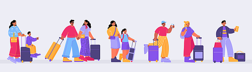 People with suitcases standing in queue to check desk in airport terminal or station. Vector flat illustration of passengers with luggage and tickets waiting in line