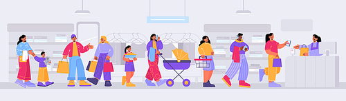 Fashion store with people waiting in queue, cashier at counter, clothes on shelves and hangers. Vector flat illustration of shoppers with bags and basket standing in long line in boutique