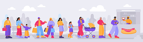People queue stand at street cafe waiting turn to buy hotdog. Male and female characters, kids and adult persons stand in line at outdoor stall with fast food meals, Linear flat vector illustration