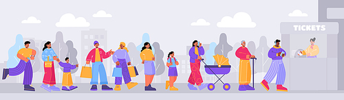 People standing in queue to ticket booth. Different characters waiting in long line for buy tickets to cinema or bus. City landscape with people crowd and controller in kiosk, vector flat illustration