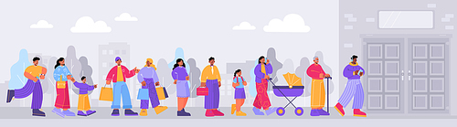 People crowd standing in queue to entrance in shop, business office, museum or cinema. City landscape with different characters waiting in long line outside building doors, vector flat illustration