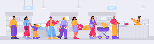 people buying organic products in  shop, flat characters. vector illustration of happy young and senior male, female customers, children standing in store queue at cash desk to pay for purchases