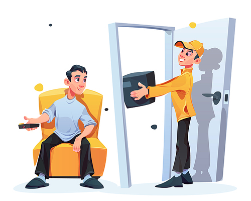 Delivery service to customer door. Courier delivers parcel or order to client. Vector cartoon illustration of man with black cardboard box in house entrance and person with tv remote control in chair