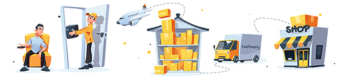 Courier delivery, transport logistic, freight distribution isolated set. Man deliver parcel to customer home, truck or van and airplane shipping goods to shop or warehouse, Cartoon vector illustration