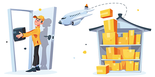 Delivery service logistic, express shipping. Vector cartoon illustration of warehouse with cardboard boxes, flying airplane and man courier deliver parcel to home door