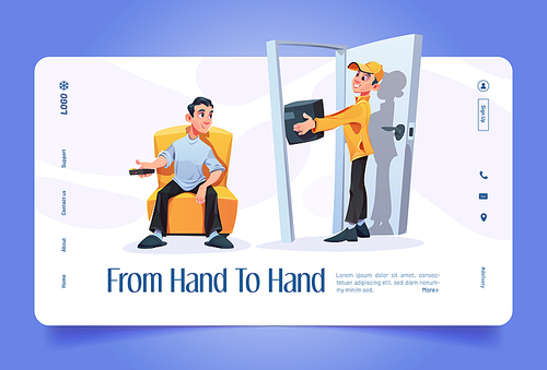Delivery service to customer door cartoon landing page. Courier deliver parcel from hand to client hand. Man with box in house entrance and person with tv remote control in chair, Vector web banner