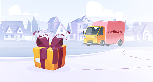 Parcel delivery service, fast shipping concept with truck driving by route and wrapped gift box lying at cottage district background. Post office, freight order shipment, Cartoon vector illustration