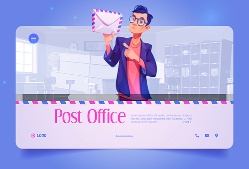 Post office banner with man worker with letter, parcels on shelves, tables and mailbox. Vector landing page of postal service with cartoon illustration of mailman with paper envelope