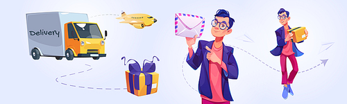 Concept of delivery, post and shipping service with postman with letter, truck and plane. Vector cartoon set of man courier hold mail, van, airplane and giftbox