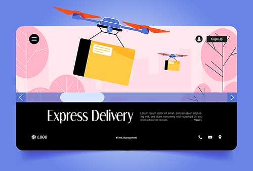 Express delivery web banner with drone carry parcel. Logistic innovation, automated aerial shipping, fast post service with unmanned quadcopter fly with package box, Line art flat vector illustration