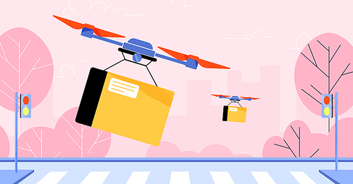 Drone delivery service, quadcopters shipping parcels to customers flying over city street. Futuristic logistics technology, aircraft mail or freight transportation, Line art flat vector illustration