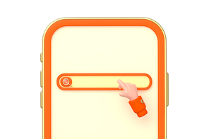Internet search bar on mobile phone. Website template with elements of online search, empty field with magnifier icon and hand cursor on smartphone with orange frame, 3d render illustration