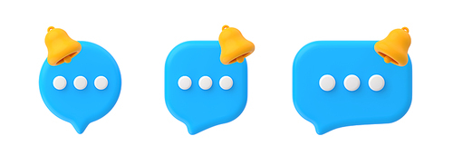 Chat icons with 3d speech bubbles and bells. Notification signs of message in social media dialog, sms, communication app or comment. Blue dialogue clouds with handbells, render illustration