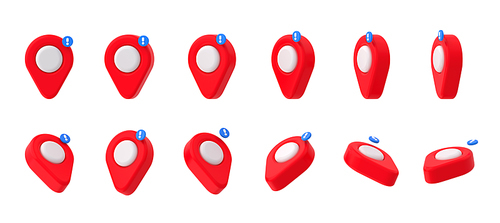 Map pins icons, location tags with exclamation point. Gps navigation symbols, red geo markers, 3d map pointers isolated on white, render illustration
