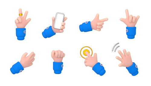 Hand gestures, human arm show symbols of peace and rock. 3d render illustration of waving palm, fist, hand hold phone, click on gold button and point direction