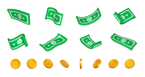 Money 3d icons. Concept of finance, bank currency, investment, wealth. Dollar banknotes, green paper bills and gold coins isolated on white, render illustration