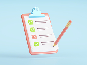 3d checklist on clipboard render Illustration. White paper sheet on clip board with writing pencil. Task management, todo list, efficient work on project plan, exam, document with ticks and crosses
