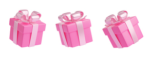 3D render gift box with pink ribbon. Isolated closed package with pastel glossy bow on white background. Holiday surprise, present for birthday, christmas or wedding, Realistic illustration, set