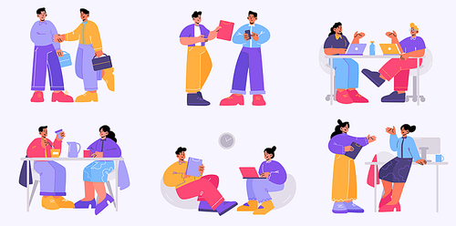 People communication in business office. Vector flat illustration of employees talk on workplace, drink coffee together, work on laptop, handshake and communicate with colleagues