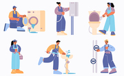 Plumbers and handymen repair broken plumbing and technics sink, leakage, toilet bowl, heater, washing machine and pipes. Call masters service staff fix home appliances, Cartoon vector illustration