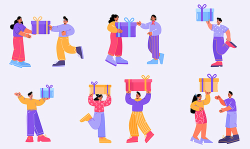 Happy people hold gift boxes, give presents for birthday, christmas and holidays. Vector flat illustration of persons receive rewards, gift boxes with ribbon bow isolated on background
