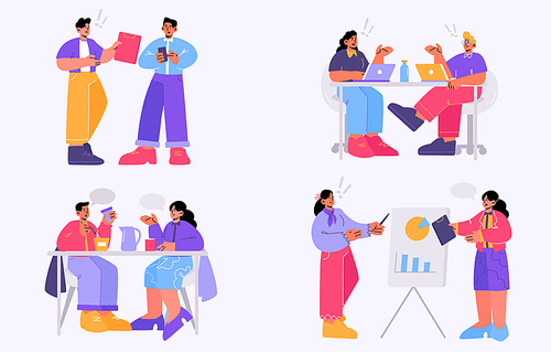 Business people discussion, meeting, disputing in office and coffee break. Colleagues communicate with speech bubbles sit at desk discussing project development plan, Line art flat vector illustration