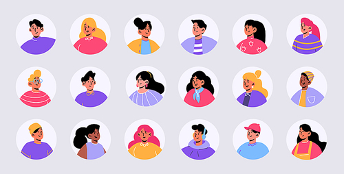Set people avatars, faces of male and female characters. Young men or women portraits for social media and web design, diverse persons, teens isolated round icons, Line art flat vector illustration