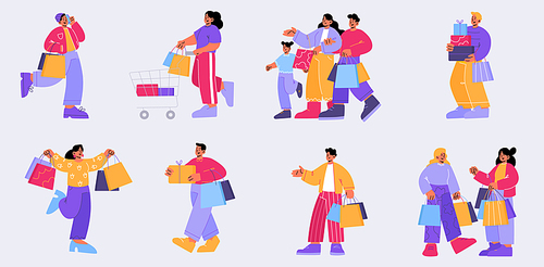 Customers characters purchasing in market store. People in shopping mall or boutique, visitors with trolley and paper bags buying in shop. Men, women and kids with purchases, Line art flat vector set