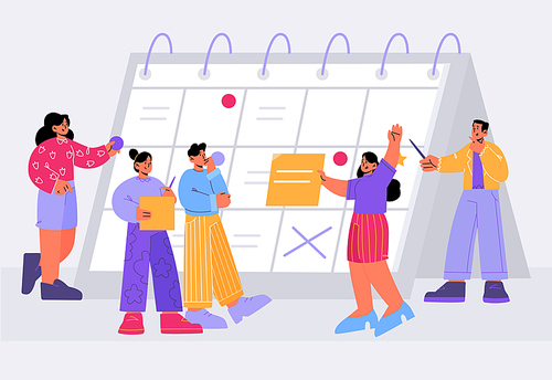 Tiny business people team around of huge calendar making schedule of affairs for month or week, planning work, important events, meetings, payments and upcoming job Line art flat vector illustration