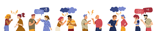 Couples conflict, quarrel, angry people swear and argue. Male and female characters scandal, arguing. Homosexual and heterosexual pairs yell, divorce, spousal abuse, Line art flat vector illustration