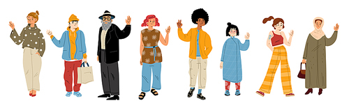 Diverse people waving hand isolated on white . Multiracial group of characters, african american guy, elder jewish man, asian girl, muslim woman, Vector flat illustration