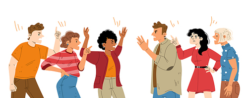 Group of angry people quarrel and argue. Concept of conflict in team, relationship problems, bad communication between friends or workers. Vector flat illustration of men and women dispute and shout
