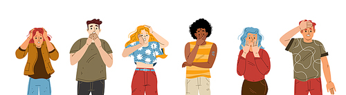 People with terrified and surprised face expression. Vector flat illustration of diverse characters with emotions of shock, fear and startled, open mouth and hands on head