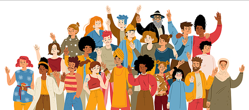 Multiracial group of happy people waving hand. Diverse characters community, asian, african american, jewish, indian and arab men and women, elder, adult persons and students, vector flat illustration