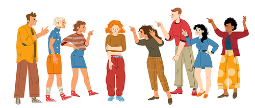 Crowd of aggressive people bully and blame outcast woman. Scared female victim character express abuse trying to hide from angry persons pointing on her with fingers, Line art flat vector illustration
