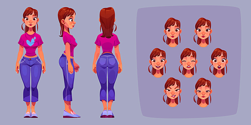 Girl character for animation, side, rear, front view and emotions. Young caucasian woman body and face construction. Avatar with different expressions. Cartoon female personage, Vector illustration