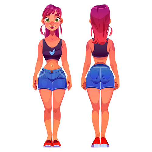 Young woman cartoon character front and rear view, teenager, youth wear trendy clothes tank top, jeans shorts and sneakers. Pretty girl personage with green eyes and ginger hair, Vector illustration