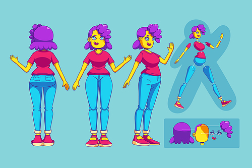 Girl character animation set with parts of body and head isolated on background. Vector creation model of woman person in contemporary style front, side and back view