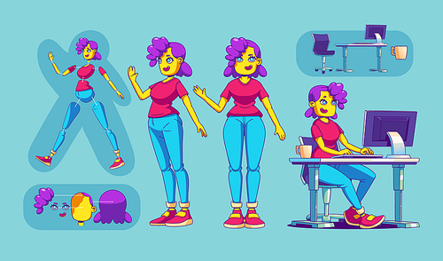 Girl character for animation, woman side and front view. Body and face constructor and workplace desk with pc. Contemporary cartoon female office worker or freelancer personage, Vector illustration