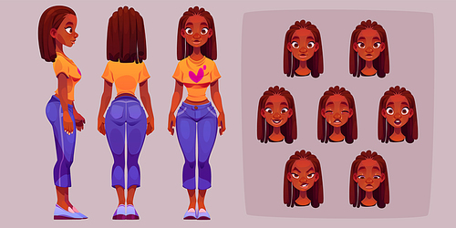 Black woman character for animation, side, rear, front view and emotions. Young african girl body and face constructor. Avatar with different expressions. Cartoon female personage, Vector illustration