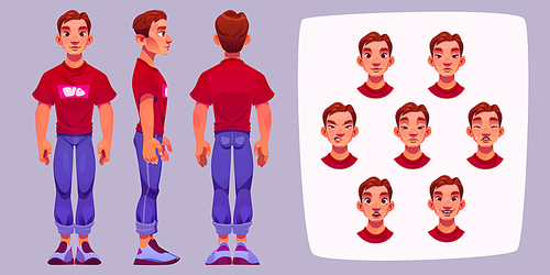 Standing man in front, side and back view and his face with different emotions. Vector cartoon illustration of guy smile, cry, laugh, sad, angry and scared. Male character facial expression set