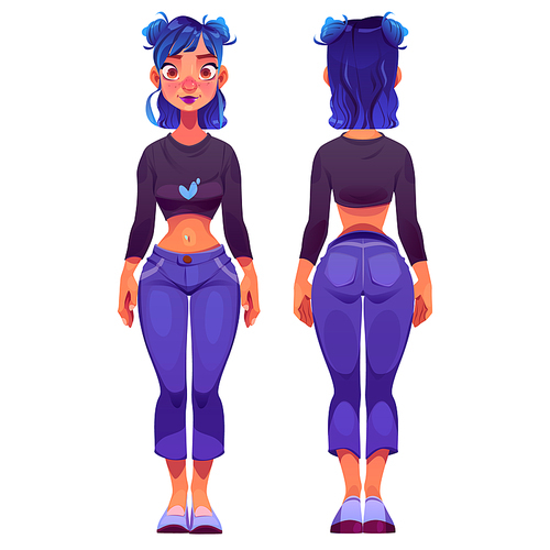 Cartoon young woman standing, front and back view game animation character. Vector illustration of slim girl with blue hair and colorful makeup in casual jeans and top. Freedom of self-expression