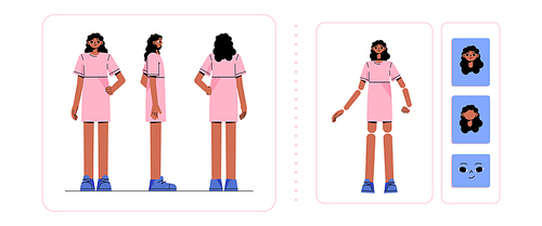 Woman character for animation, side, rear, front view and face emotions. Young girl body constructor. Cartoon female personage with dark skin and black hair wear pink dress, Line art flat vector set