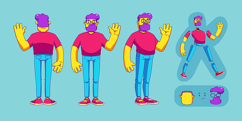 Male character front, back, side view contemporary cartoon set. Vector illustration of funny bearded man in eyeglasses waving hand. Bundle of body elements and face details for animation isolated