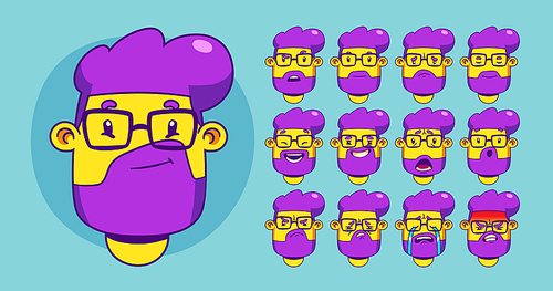 Bearded young man in eyeglasses contemporary cartoon set. Vector illustration of male thinking, flirting, laughing, smiling, surprised, angry, upset, crying emotions. Character for animation